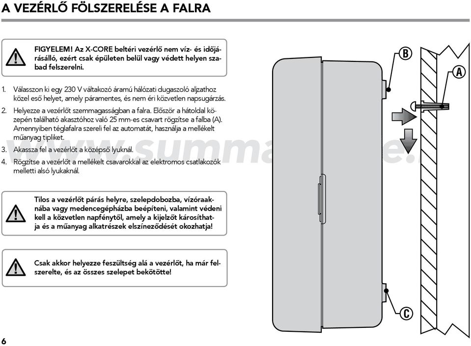 Először a hátoldal közepén található akasztóhoz való 25 mm-es csavart rögzítse a falba (A). Amennyiben téglafalra szereli fel az automatát, használja a mellékelt műanyag tipliket. 3.