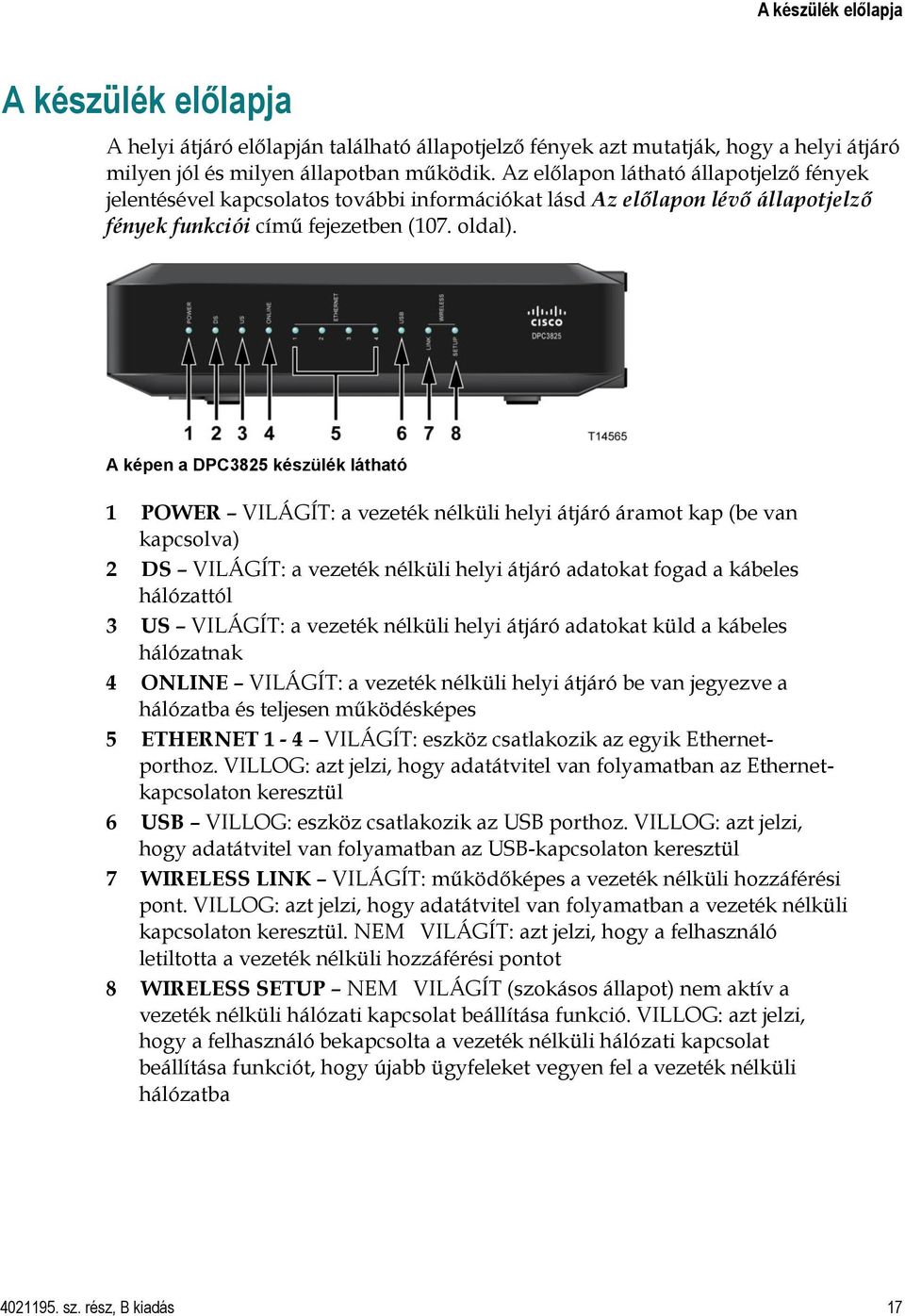 A képen a DPC3825 készülék látható 1 POWER VILÁGÍT: a vezeték nélküli helyi átjáró áramot kap (be van kapcsolva) 2 DS VILÁGÍT: a vezeték nélküli helyi átjáró adatokat fogad a kábeles hálózattól 3 US