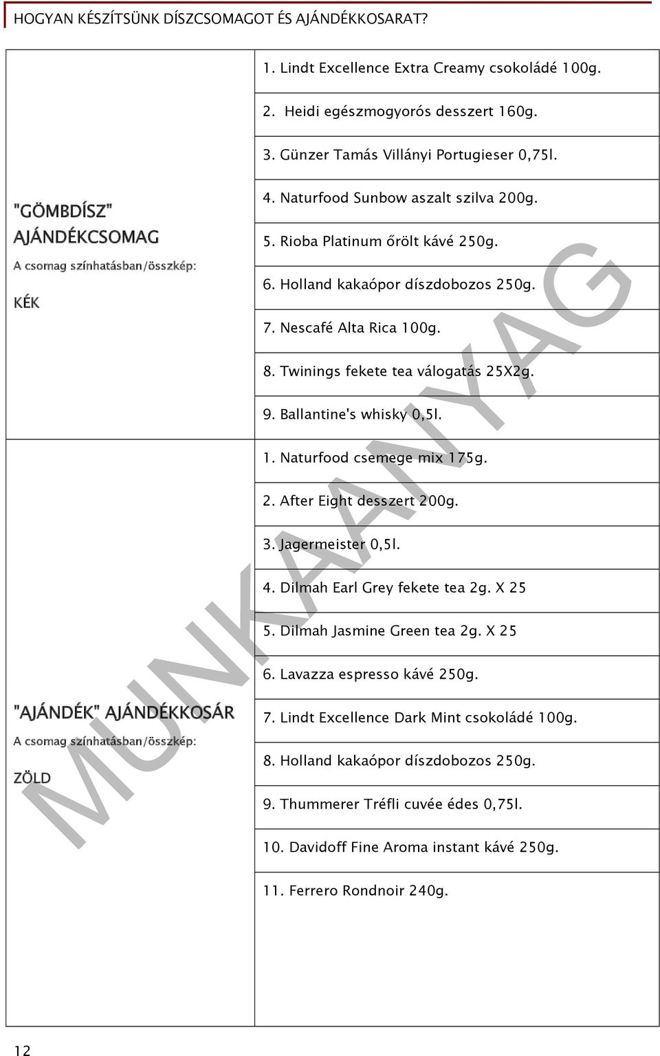 Nescafé Alta Rica 100g. 8. Twinings fekete tea válogatás 25X2g. 9. Ballantine's whisky 0,5l. 1. Naturfood csemege mix 175g. 2. After Eight desszert 200g. 3. Jagermeister 0,5l. 4.