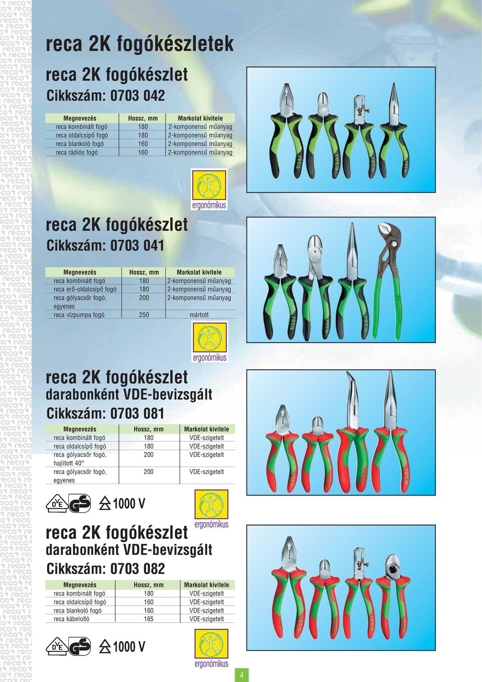 mûanyag reca erõ-oldalcsípõ fogó 180 2-komponensû mûanyag reca gólyacsõr fogó, 200 2-komponensû mûanyag egyenes reca vízpumpa fogó 250 mártott reca 2K fogókészlet darabonként VDE-bevizsgált Cikkszám: