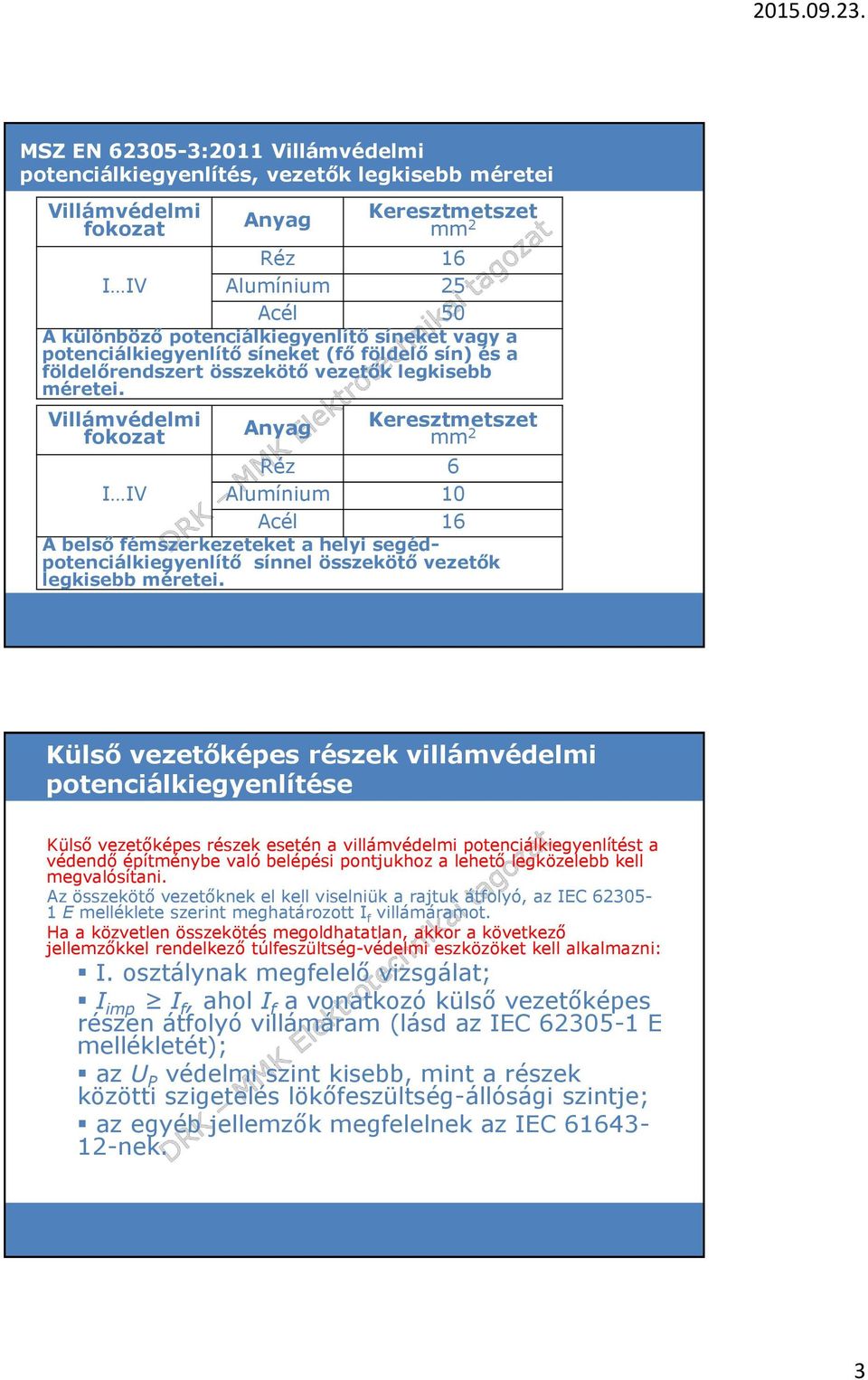 Villámvédelmi fokozat Anyag Keresztmetszet mm 2 Réz 6 I IV Alumínium 10 Acél 16 A belső fémszerkezeteket a helyi segédpotenciálkiegyenlítő sínnel összekötő vezetők legkisebb méretei.