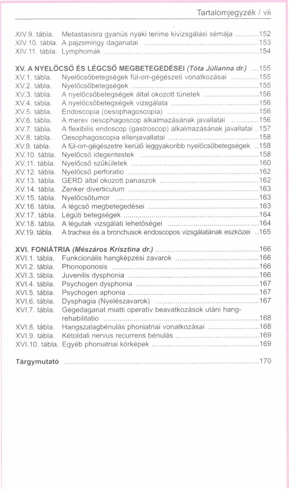 .. 156 XV.4. tábla. A nyelőcsőbetegségek vizsgálata...156 XV.5. tábla. Endoscopia (oesophagoscopia)... 156 XV.6. tábla. A merev oesophagoscop alkalmazásának javallatai... 156 XV.7. tábla. A flexibilis endoscop (gastroscop) alkalmazásának javallatai.