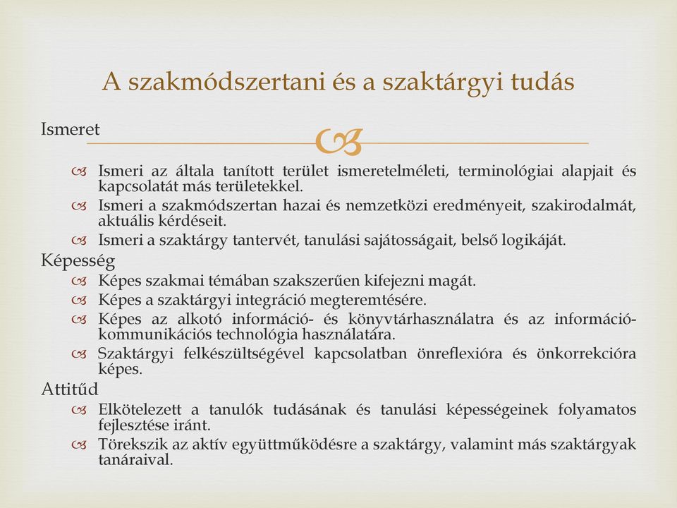 Képesség Képes szakmai témában szakszerűen kifejezni magát. Képes a szaktárgyi integráció megteremtésére.