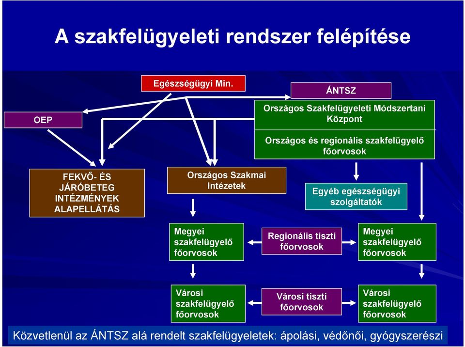 INTÉZMÉNYEK ALAPELLÁTÁS Országos Szakmai Intézetek Egyéb egészségügyi szolgáltatók Megyei szakfelügyelő főorvosok Regionális