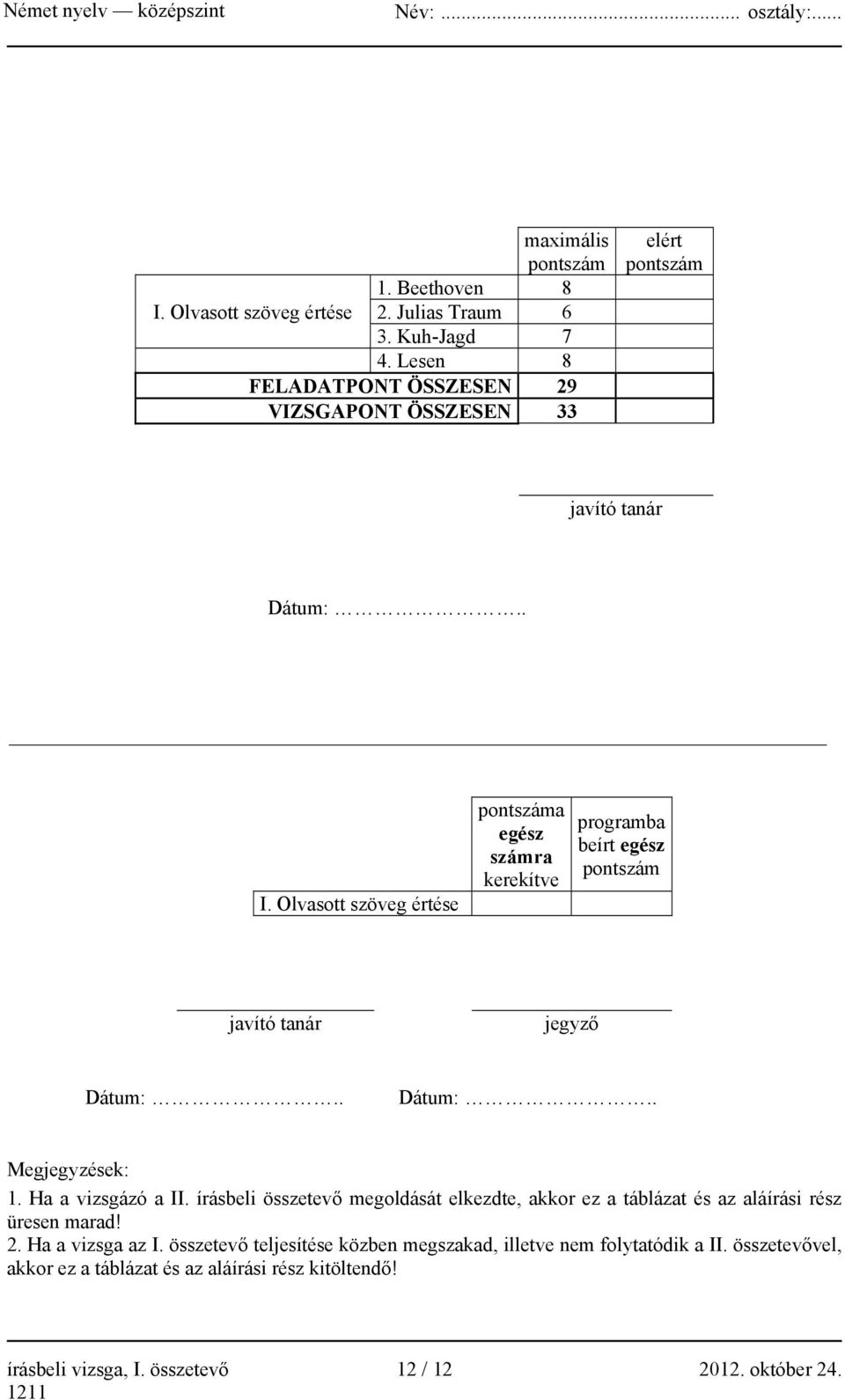 Olvasott szöveg értése pontszáma egész számra kerekítve programba beírt egész pontszám javító tanár jegyző Dátum:.. Dátum:.. Megjegyzések: 1. Ha a vizsgázó a II.