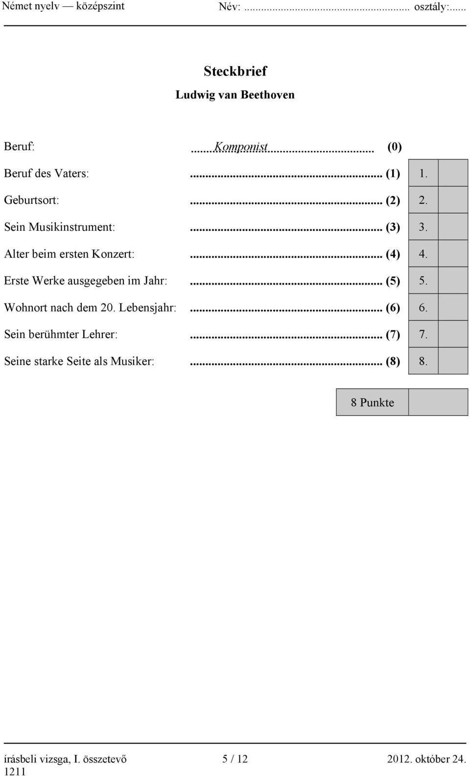 Erste Werke ausgegeben im Jahr:... (5) 5. Wohnort nach dem 20. Lebensjahr:... (6) 6.