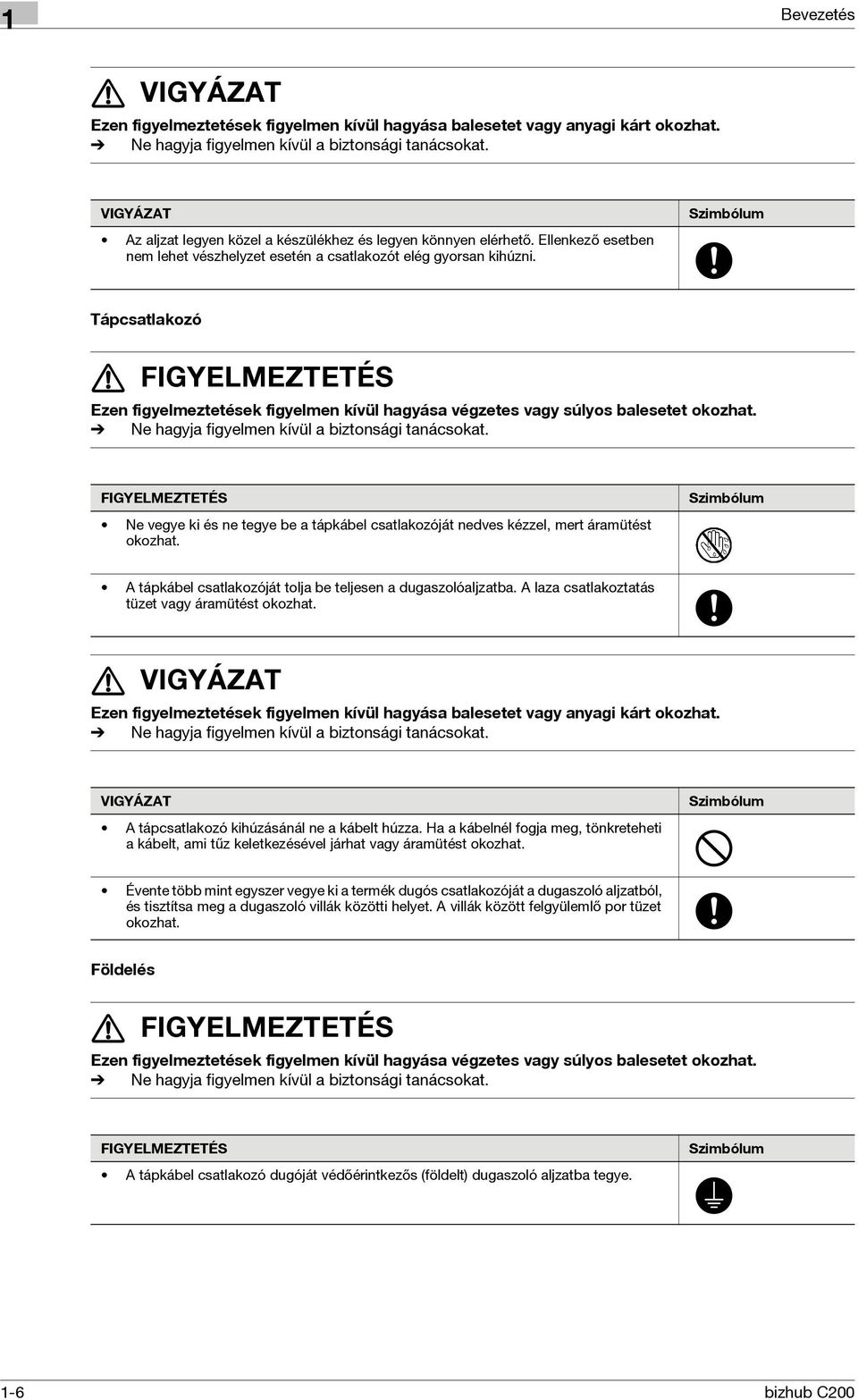 Szimbólum Tápcsatlakozó 7 FIGYELMEZTETÉS Ezen figyelmeztetések figyelmen kívül hagyása végzetes vagy súlyos balesetet okozhat. % Ne hagyja figyelmen kívül a biztonsági tanácsokat.