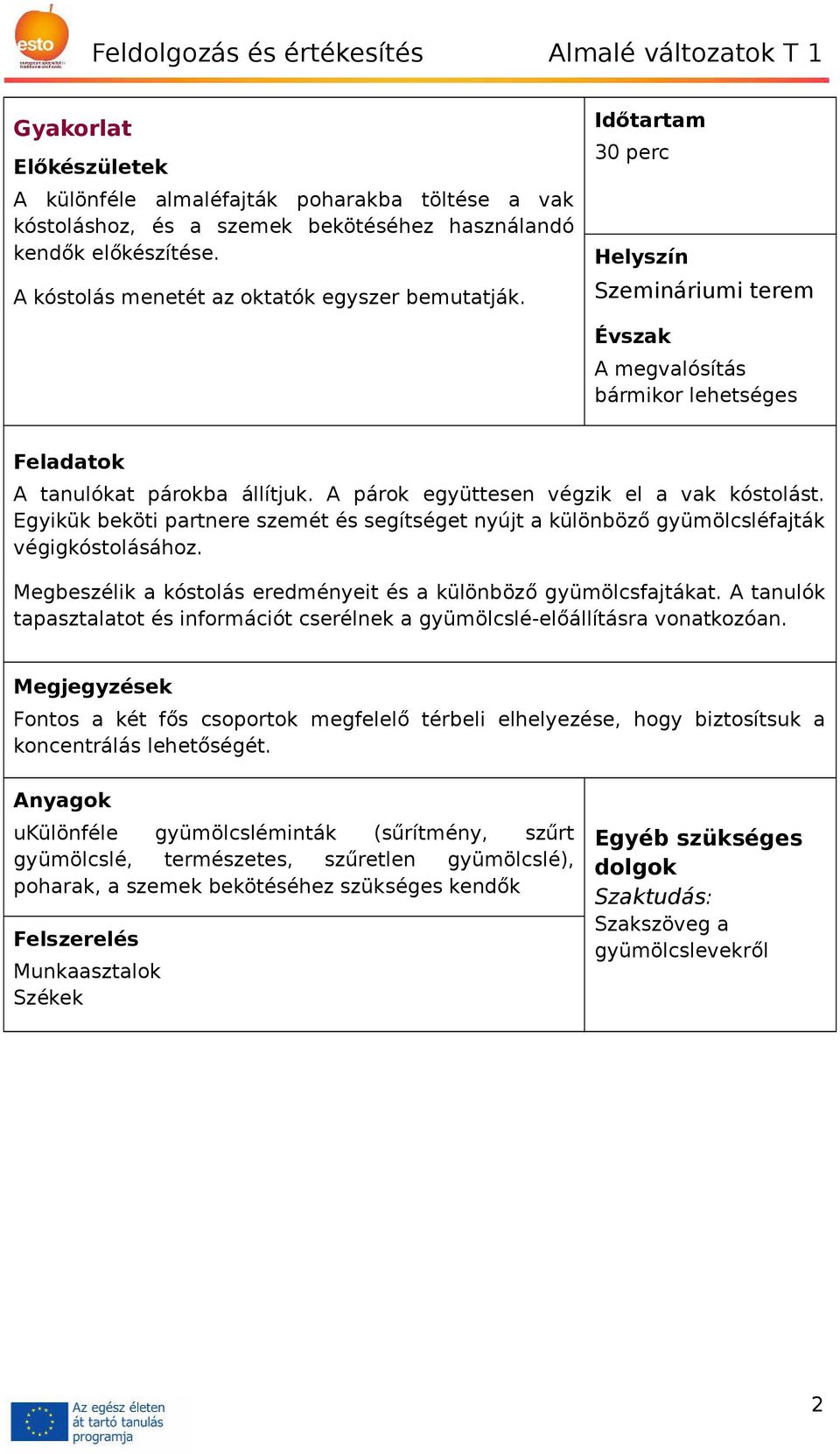 A párok együttesen végzik el a vak kóstolást. Egyikük beköti partnere szemét és segítséget nyújt a különböző gyümölcsléfajták végigkóstolásához.