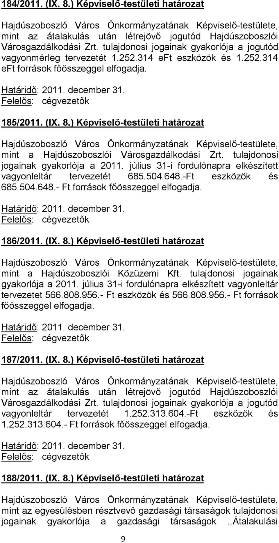 tulajdonosi jogainak gyakorlója a 2011. július 31-i fordulónapra elkészített vagyonleltár tervezetét 685.504.648.-Ft eszközök és 685.504.648.- Ft források főösszeggel elfogadja. 186/2011. (IX. 8.