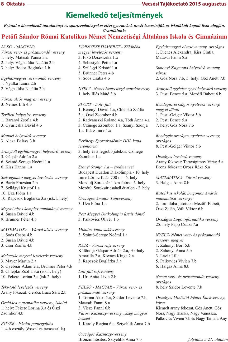 b 3. hely: Bodor Boglárka 1.b Egyházmegyei versmondó verseny 1. Nyalka Laura 2.b 2. Végh Júlia Natália 2.b Városi alsós magyar verseny 3. Nemes Lili 4.b Területi helyesíró verseny 1. Baranyi Zsófia 4.