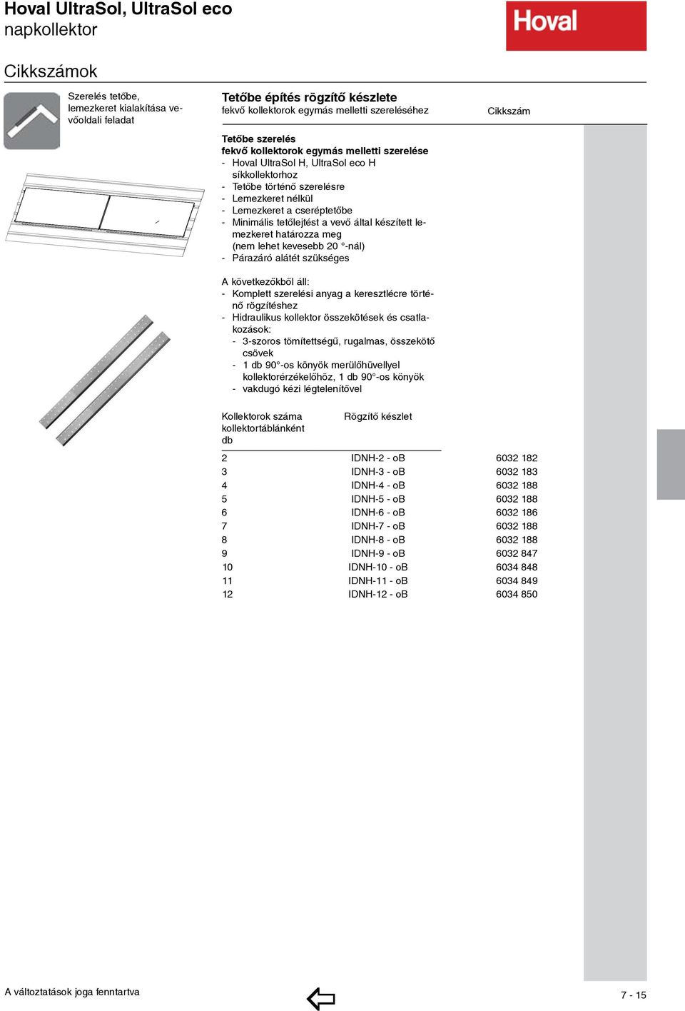 tetőlejtést a vevő által készített lemezkeret határozza meg (nem lehet kevesebb 20 -nál) - Párazáró alátét szükséges - Komplett szerelési anyag a keresztlécre történő rögzítéshez - Hidraulikus