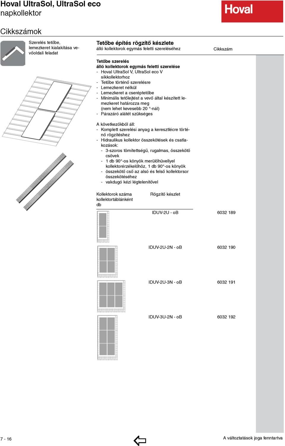 tetőlejtést a vevő által készített lemezkeret határozza meg (nem lehet kevesebb 20 -nál) - Párazáró alátét szükséges - Komplett szerelési anyag a keresztlécre történő rögzítéshez - Hidraulikus