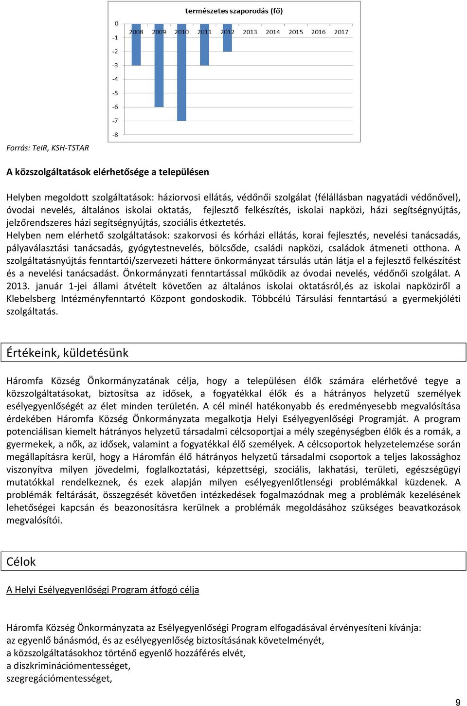 Helyben nem elérhető szolgáltatások: szakorvosi és kórházi ellátás, korai fejlesztés, nevelési tanácsadás, pályaválasztási tanácsadás, gyógytestnevelés, bölcsőde, családi napközi, családok átmeneti