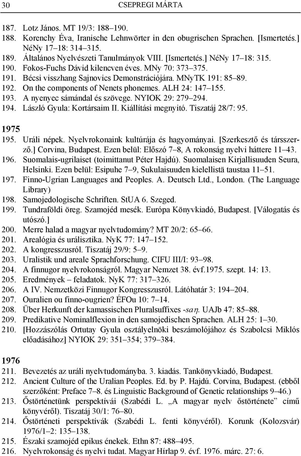 On the components of Nenets phonemes. ALH 24: 147 155. 193. A nyenyec sámándal és szövege. NYIOK 29: 279 294. 194. László Gyula: Kortársaim II. Kiállítási megnyitó. Tiszatáj 28/7: 95. 1975 195.