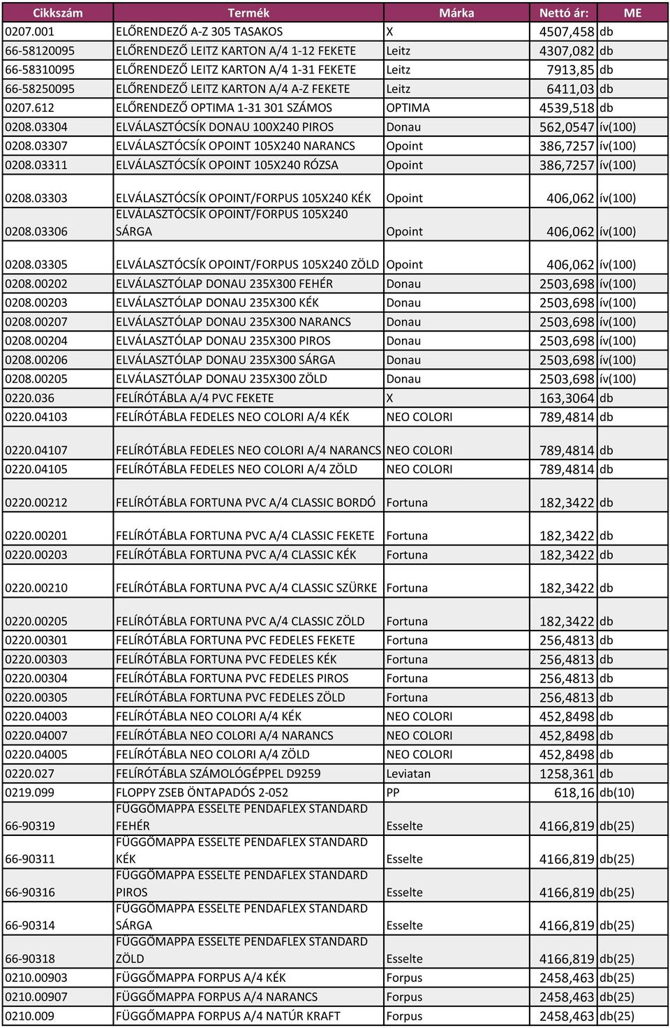 03304 ELVÁLASZTÓCSÍK DONAU 100X240 PIROS Donau 562,0547 ív(100) 0208.03307 ELVÁLASZTÓCSÍK OPOINT 105X240 NARANCS Opoint 386,7257 ív(100) 0208.