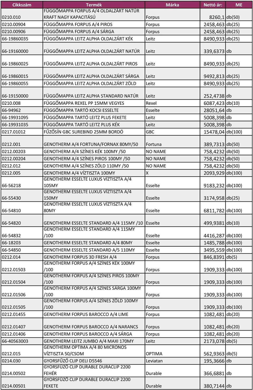 66-19860025 FÜGGŐMAPPA LEITZ ALPHA OLDALZÁRT PIROS Leitz 8490,933 db(25) 66-19860015 FÜGGŐMAPPA LEITZ ALPHA OLDALZÁRT SÁRGA Leitz 9492,813 db(25) 66-19860055 FÜGGŐMAPPA LEITZ ALPHA OLDALZÁRT ZÖLD