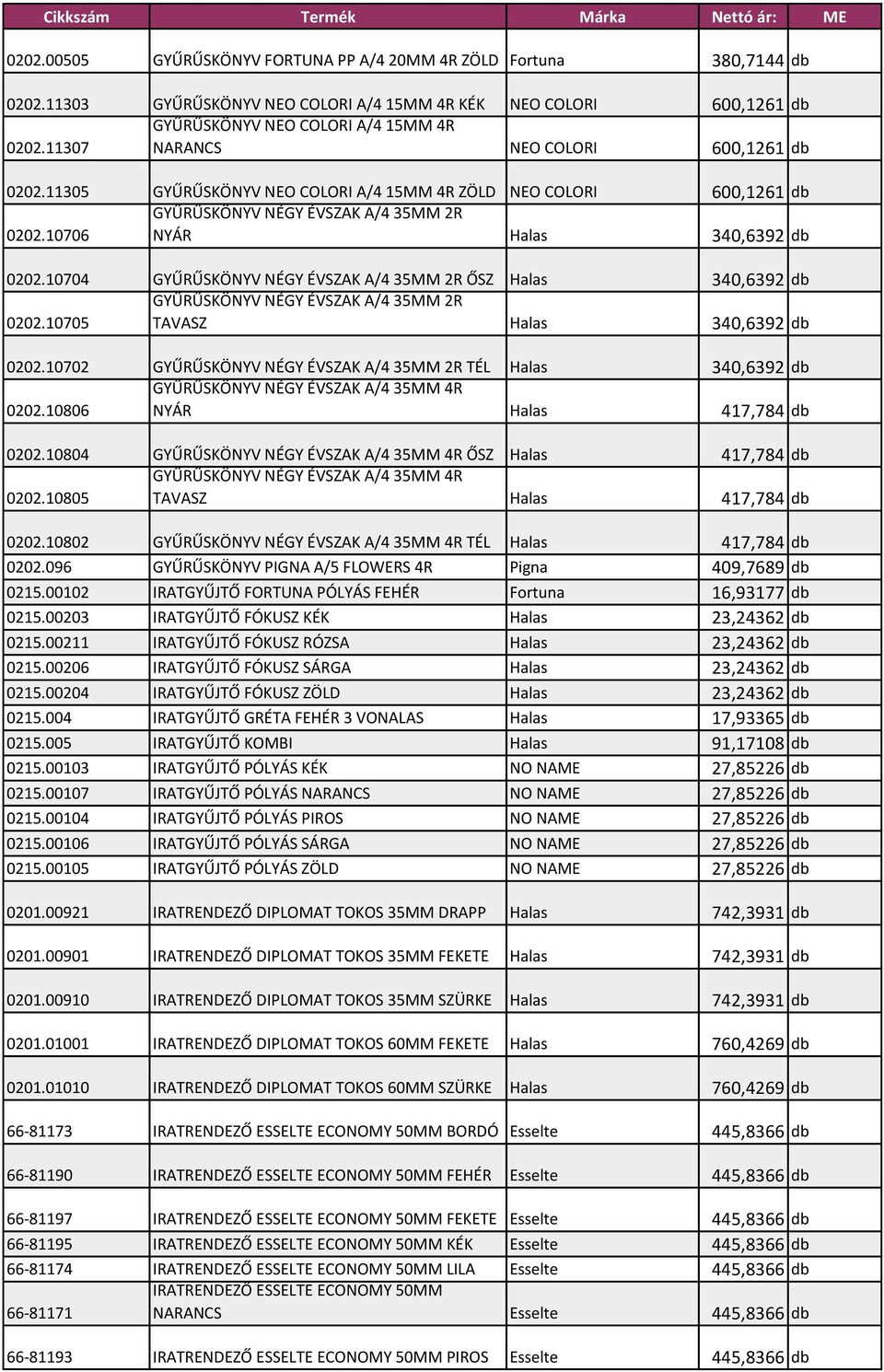 10704 GYŰRŰSKÖNYV NÉGY ÉVSZAK A/4 35MM 2R ŐSZ Halas 340,6392 db GYŰRŰSKÖNYV NÉGY ÉVSZAK A/4 35MM 2R 0202.10705 TAVASZ Halas 340,6392 db 0202.