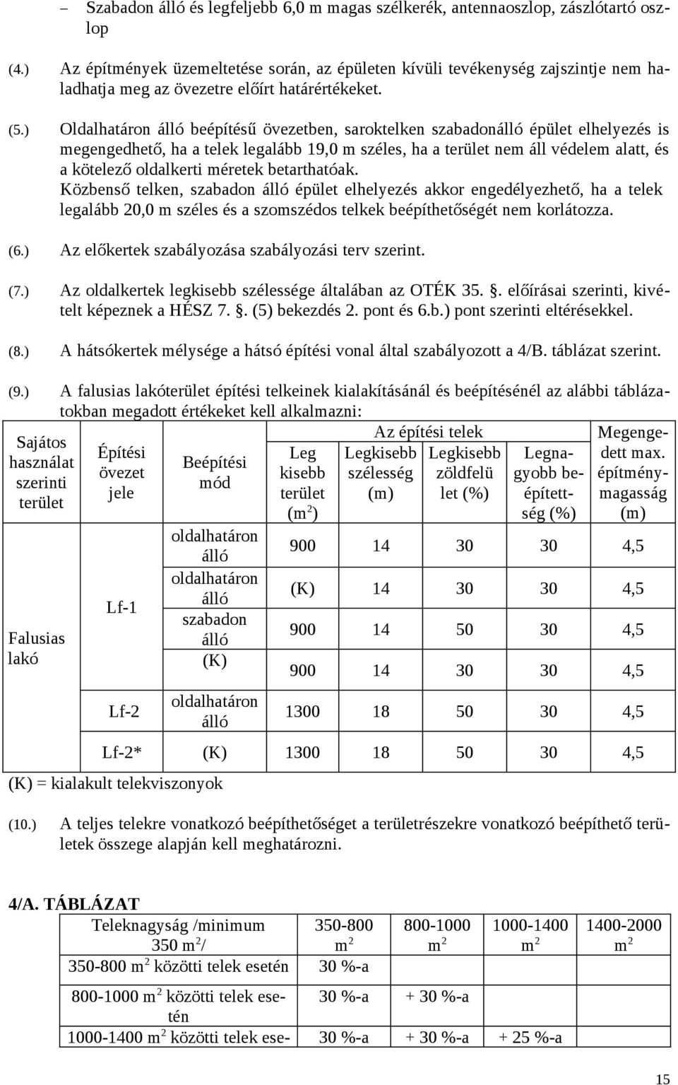 ) Oldalhatáron beépítésű övezetben, saroktelken szabadon épület elhelyezés is megengedhető, ha a telek legalább 19,0 m széles, ha a terület nem áll védelem alatt, és a kötelező oldalkerti méretek