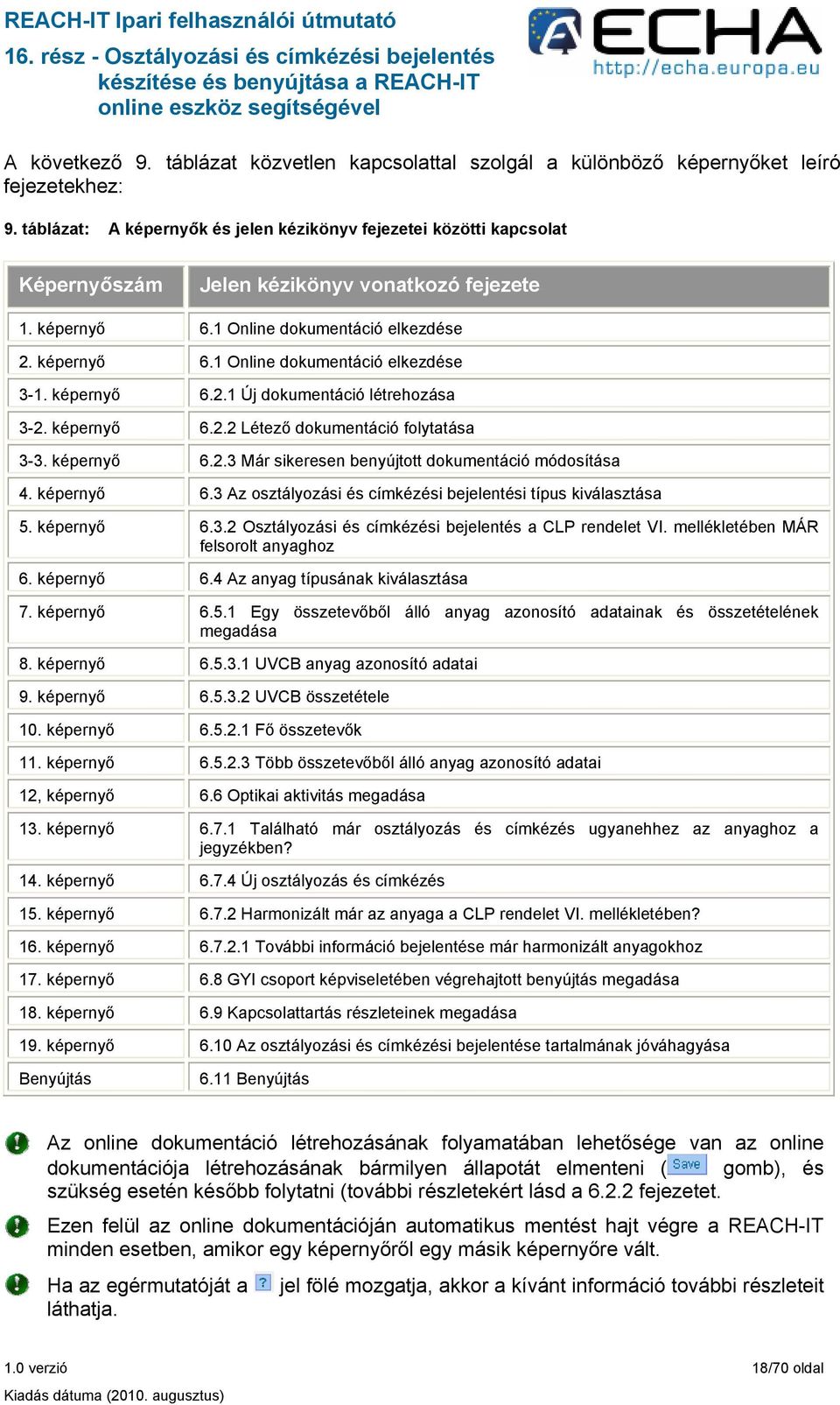 képernyő 6.2.1 Új dokumentáció létrehozása 3-2. képernyő 6.2.2 Létező dokumentáció folytatása 3-3. képernyő 6.2.3 Már sikeresen benyújtott dokumentáció módosítása 4. képernyő 6.3 Az osztályozási és címkézési bejelentési típus kiválasztása 5.