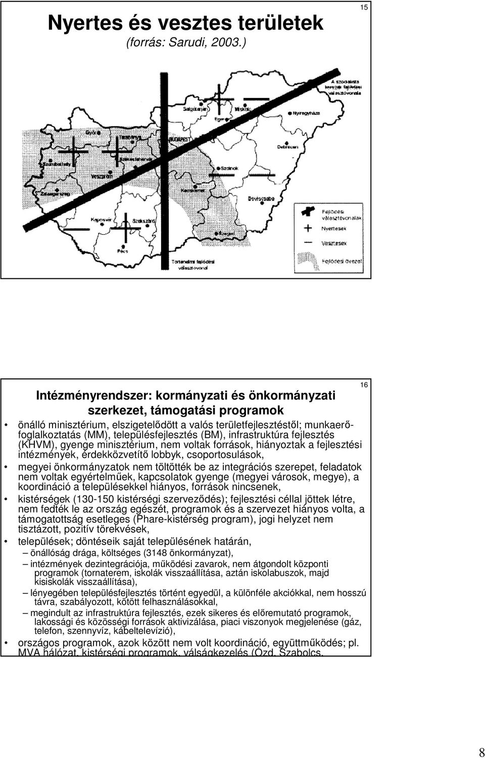 településfejlesztés (BM), infrastruktúra fejlesztés (KHVM), gyenge minisztérium, nem voltak források, hiányoztak a fejlesztési intézmények, érdekközvetítı lobbyk, csoportosulások, megyei