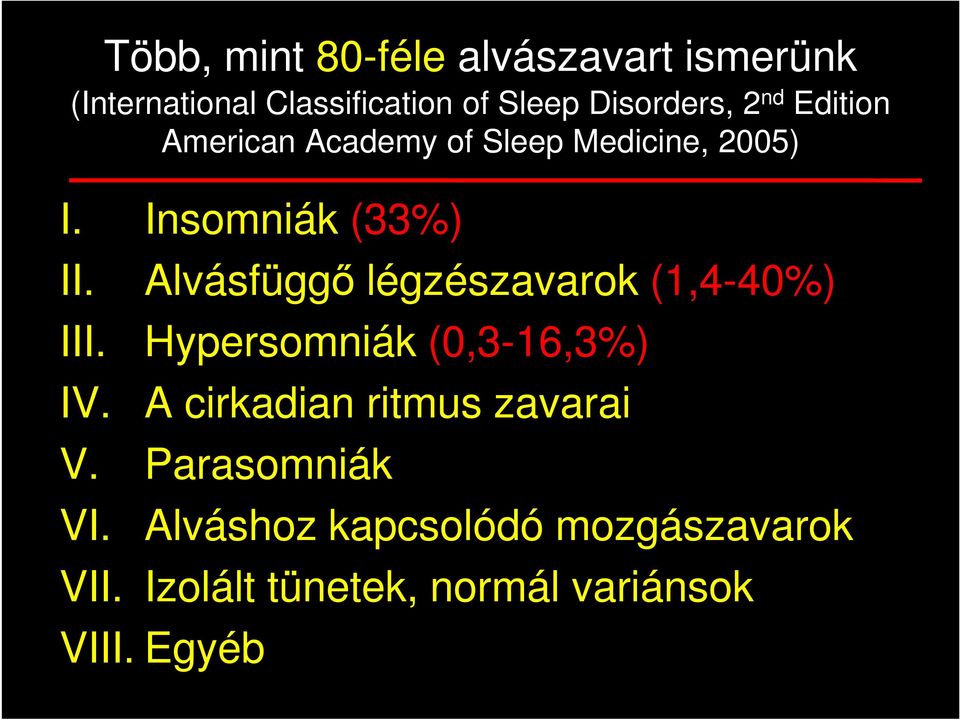 Alvásfüggő légzészavarok (1,4-40%) III. Hypersomniák (0,3-16,3%) IV.