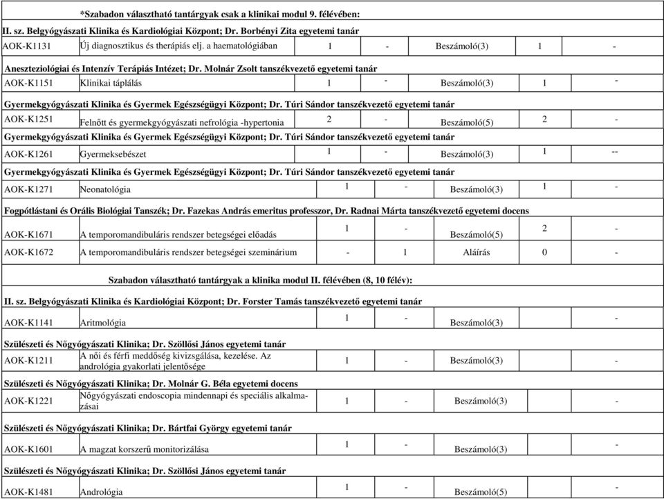 Molnár Zsolt tanszékvezető egyetemi tanár AOKK1151 Klinikai táplálás 1 Beszámoló(3) 1 Gyermekgyógyászati Klinika és Gyermek Egészségügyi Központ; Dr.