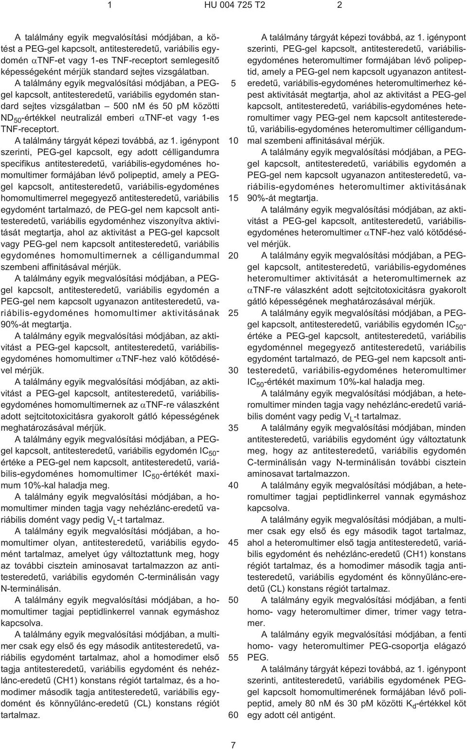 A találmány egyik megvalósítási módjában, a PEGgel kapcsolt, antitesteredetû, variábilis egydomén standard sejtes vizsgálatban 00 nm és 0 pm közötti ND 0 -értékkel neutralizál emberi TNF¹et vagy 1¹es