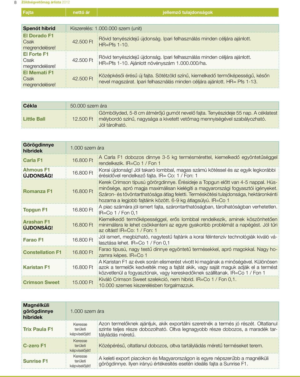 000.000/ha. Középkésôi érésû új fajta. Sötétzöld színû, kiemelkedô termôképességû, késôn nevel magszárat. Ipari felhasználás minden céljára ajánlott. HR= Pfs 1-13. Cékla Little Ball 50.