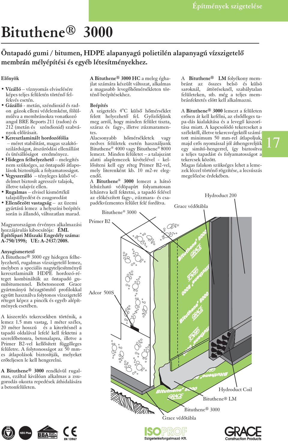 Gázálló - metán, széndioxid és radon gázok elleni védelemként, fölülmúlva a membránokra vonatkozó angol BRE Reports 211 (radon) és 212 (metán és széndioxid) szabványok elõírásait.