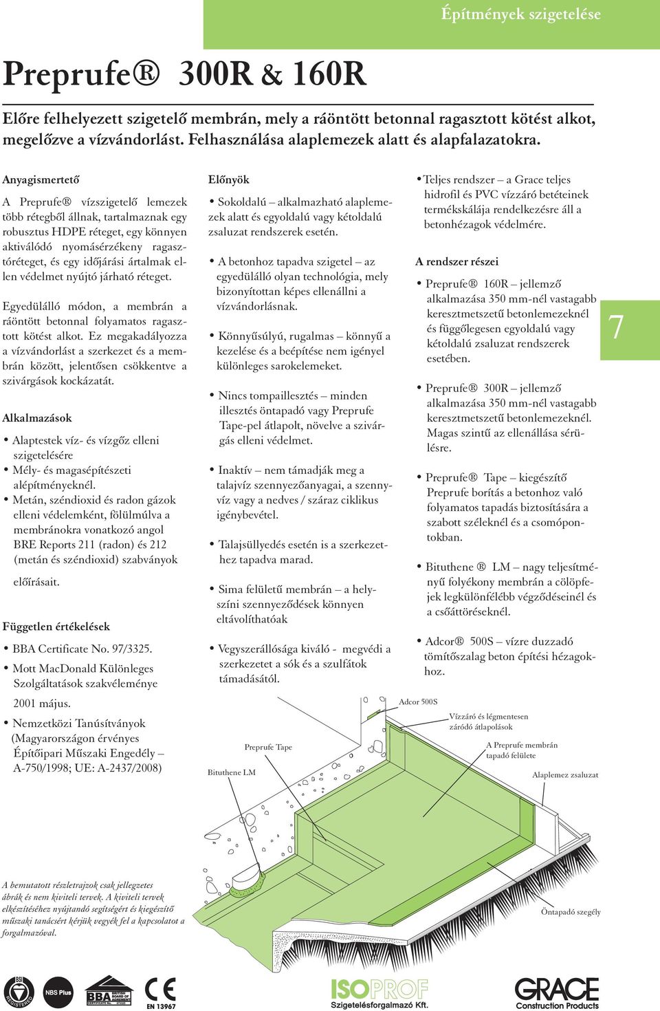 Anyagismertetõ A Preprufe vízszigetelõ lemezek több rétegbõl állnak, tartalmaznak egy robusztus HDPE réteget, egy könnyen aktiválódó nyomásérzékeny ragasztóréteget, és egy idõjárási ártalmak ellen