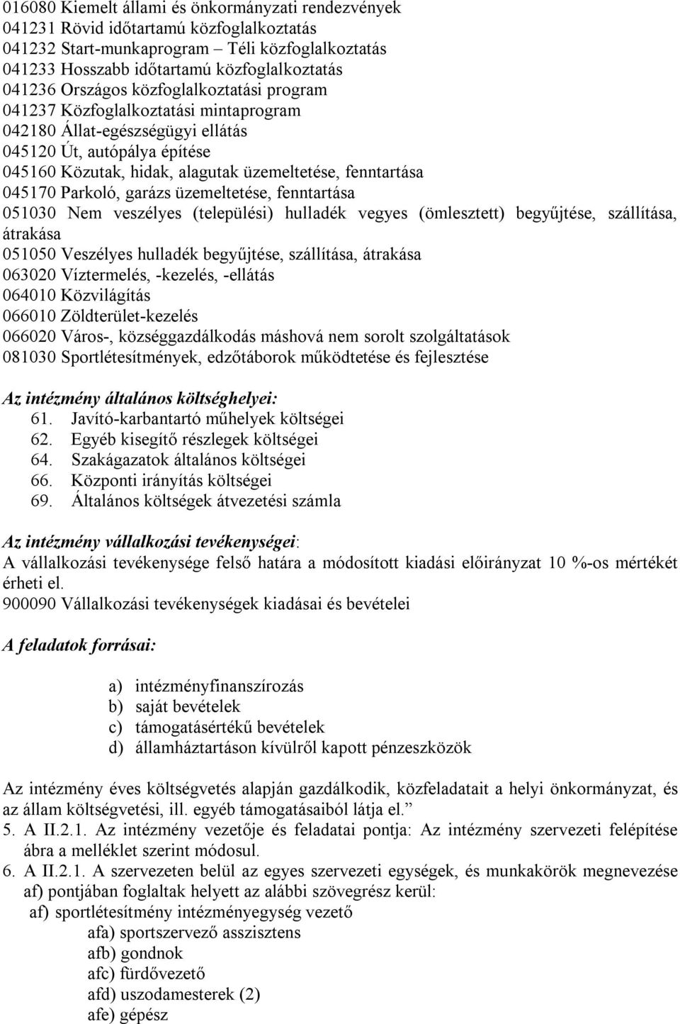 045170 Parkoló, garázs üzemeltetése, fenntartása 051030 Nem veszélyes (települési) hulladék vegyes (ömlesztett) begyűjtése, szállítása, átrakása 051050 Veszélyes hulladék begyűjtése, szállítása,