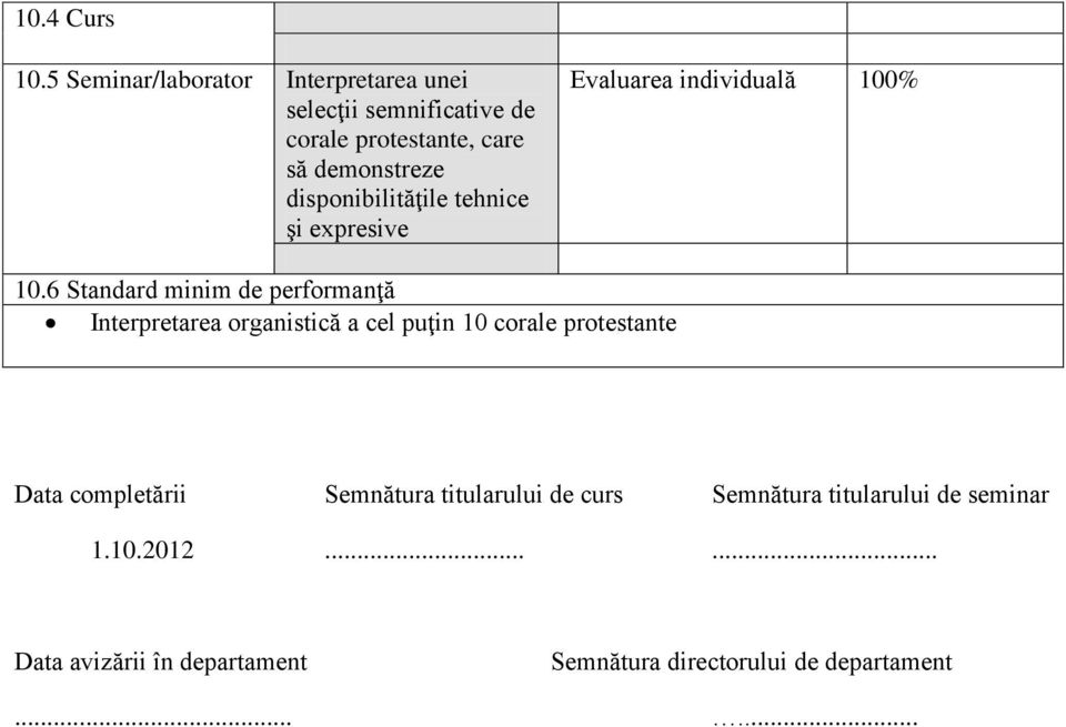 disponibilităţile tehnice şi expresive Evaluarea individuală 100% 10.