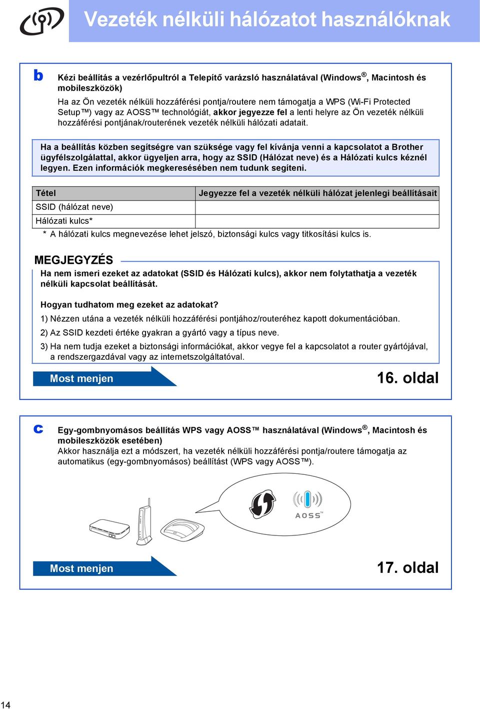 H eállítás közen segítségre vn szüksége vgy fel kívánj venni kpsoltot Brother ügyfélszolgálttl, kkor ügyeljen rr, hogy z SSID (Hálózt neve) és Hálózti kuls kéznél legyen.