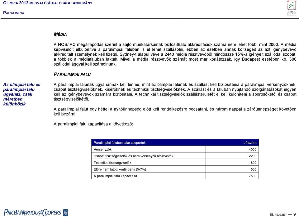 Sydney-t alapul véve a 2440 média résztvevőből mindössze 15%-a igényelt szállodai szobát, a többiek a médiafaluban laktak.