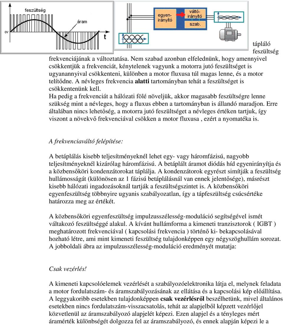 motor telítıdne. A névleges frekvencia alatti tartományban tehát a feszültséget is csökkentenünk kell.