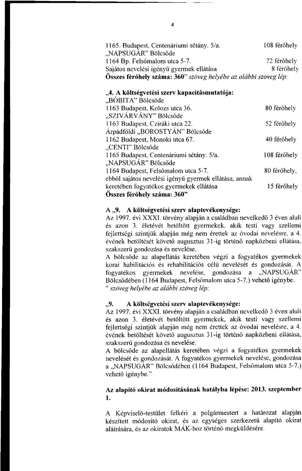 A költségvetési szerv kapacitásmutatója: 1163 Budapest, Kolozs utca 36. 1163 Budapest, Cziráki utca 22. 1162 Budapest, Monoki utca 67. CENTI" Bölcsőde 1165 Budapest, Centenáriumi sétány. 5/a.