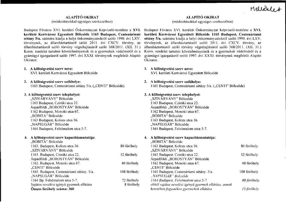 törvény, az államháztartásról szóló törvény végrehajtásáról szóló 368/2011. (XII. 31.) Korm. rendelet tartalmi követelményeinek és a gyermekek védelméről és a gyámügyi igazgatásról szóló 1997.