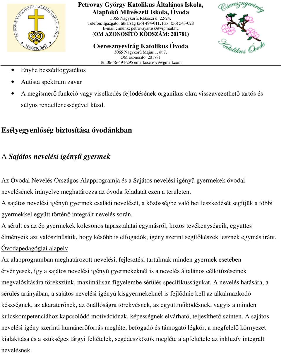 Esélyegyenlőség biztosítása óvodánkban A Sajátos nevelési igényű gyermek Az Óvodai Nevelés Országos Alapprogramja és a Sajátos nevelési igényű gyermekek óvodai nevelésének irányelve meghatározza az