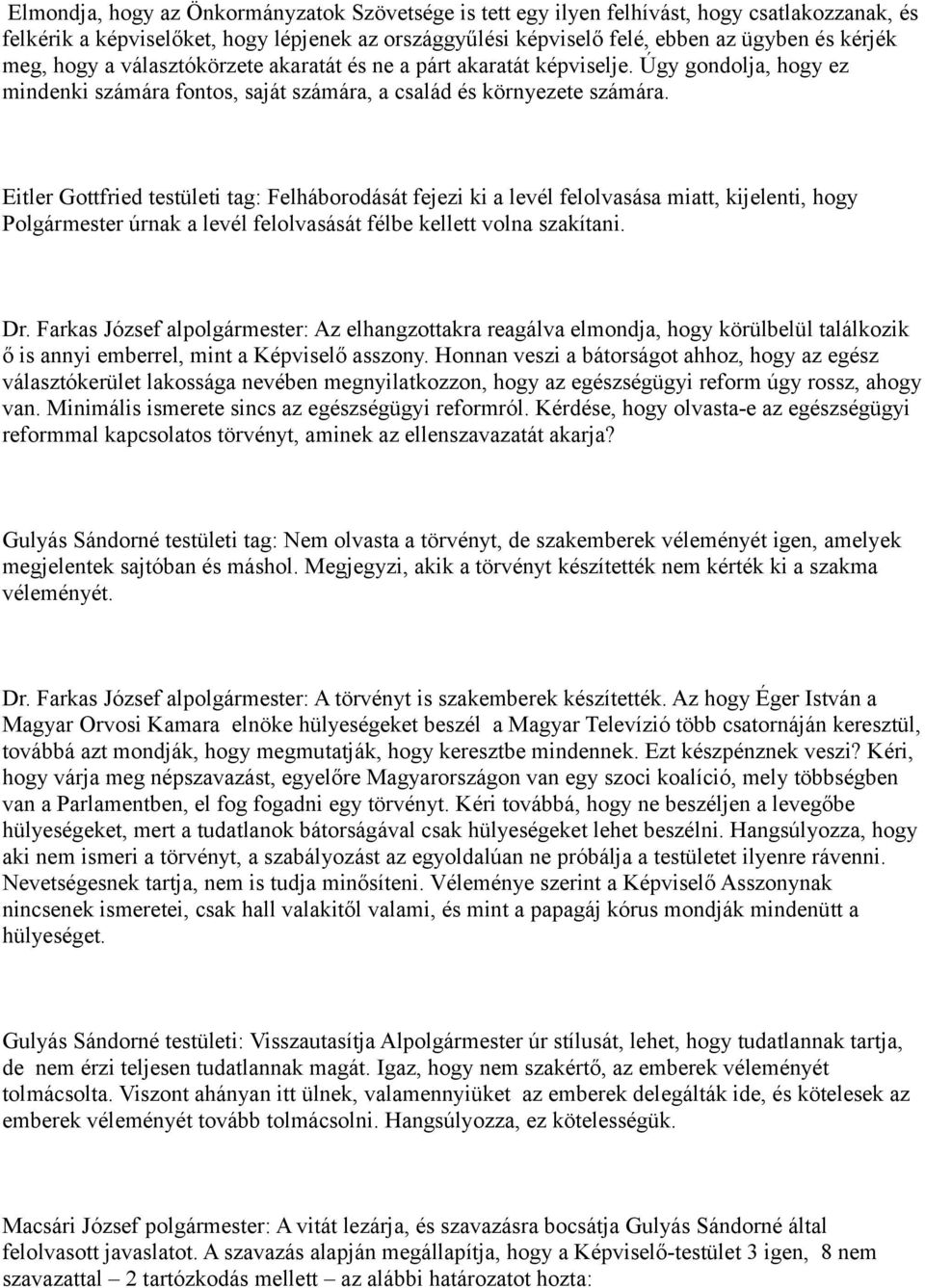 Eitler Gottfried testületi tag: Felháborodását fejezi ki a levél felolvasása miatt, kijelenti, hogy Polgármester úrnak a levél felolvasását félbe kellett volna szakítani. Dr.