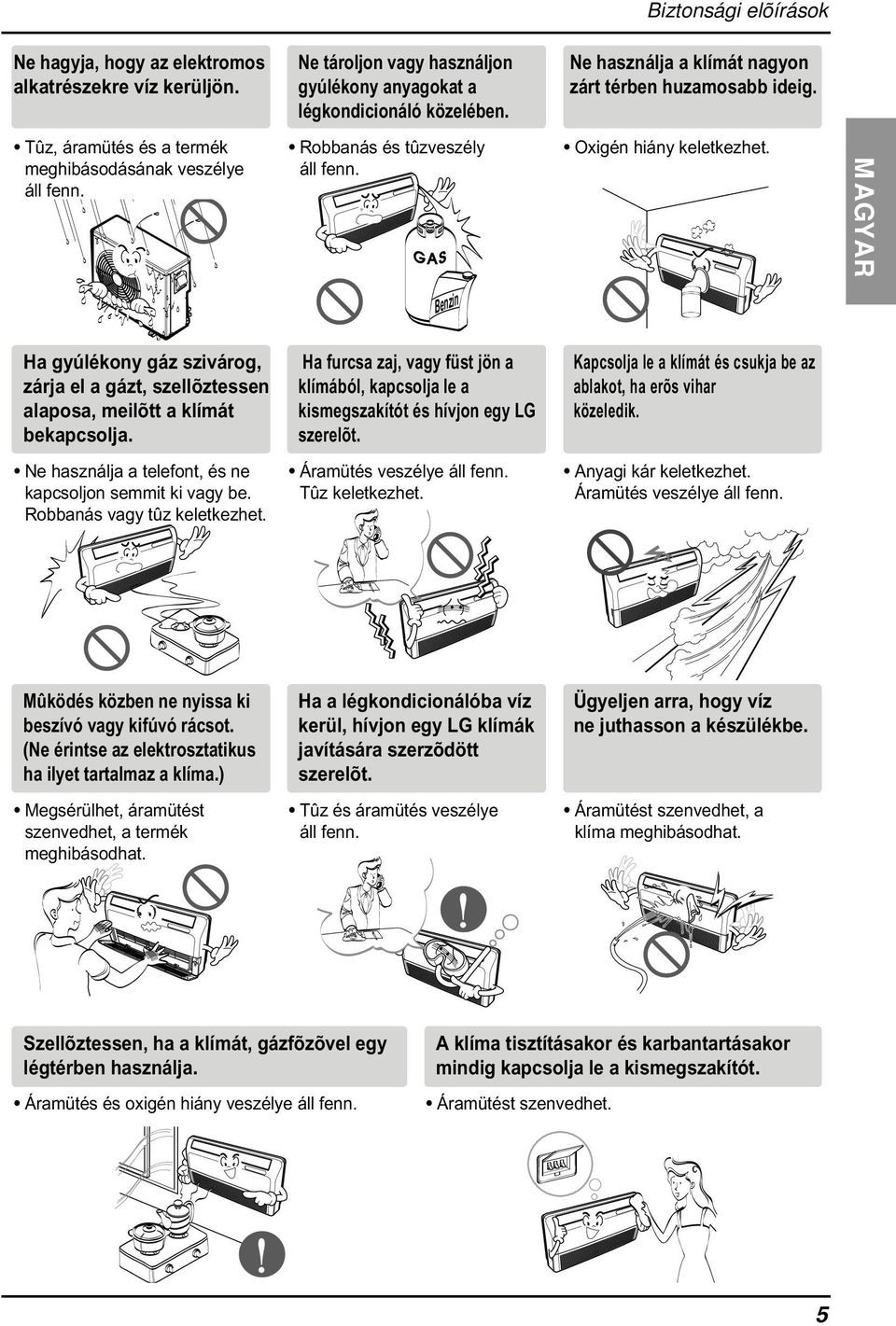 MAGYAR Benzin Ha gyúlékony gáz szivárog, zárja el a gázt, szellõztessen alaposa, meilõtt a klímát bekapcsolja.