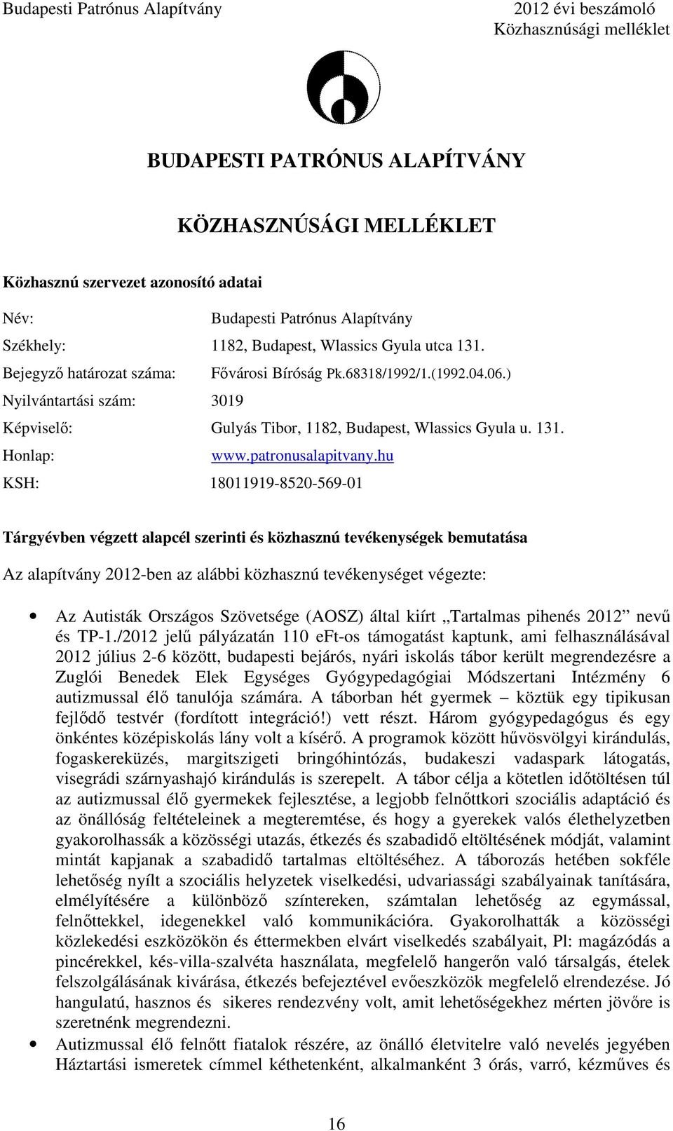 ) Nyilvántartási szám: 3019 Képviselı: Gulyás Tibor, 1182, Budapest, Wlassics Gyula u. 131. Honlap: www.patronusalapitvany.