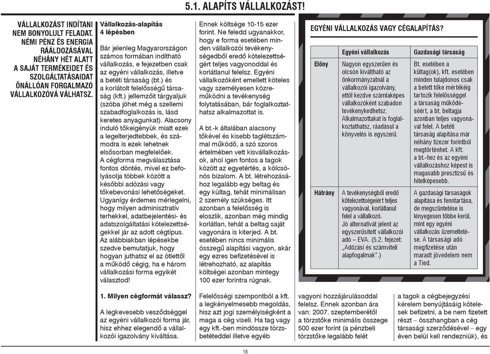 Vállalkozás-alapítás 4 lépésben Bár jelenleg Magyarországon számos formában indítható vállalkozás, e fejezetben csak az egyéni vállalkozás, illetve a betéti társaság (bt.