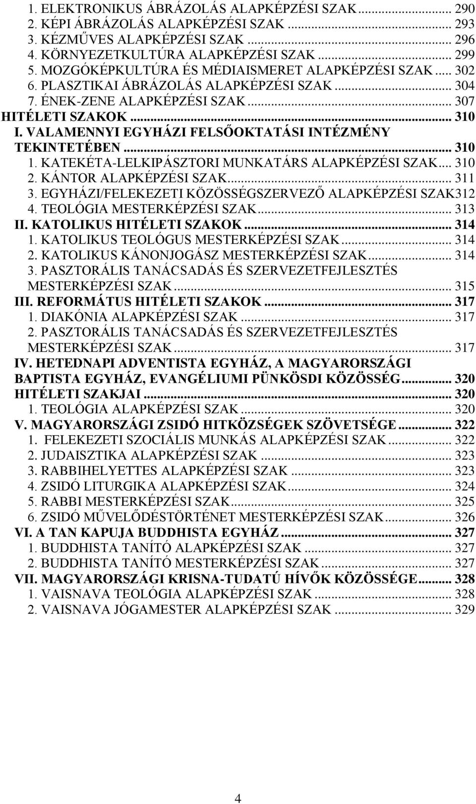 VALAMENNYI EGYHÁZI FELSŐOKTATÁSI INTÉZMÉNY TEKINTETÉBEN... 310 1. KATEKÉTA-LELKIPÁSZTORI MUNKATÁRS ALAPKÉPZÉSI SZAK... 310 2. KÁNTOR ALAPKÉPZÉSI SZAK... 311 3.