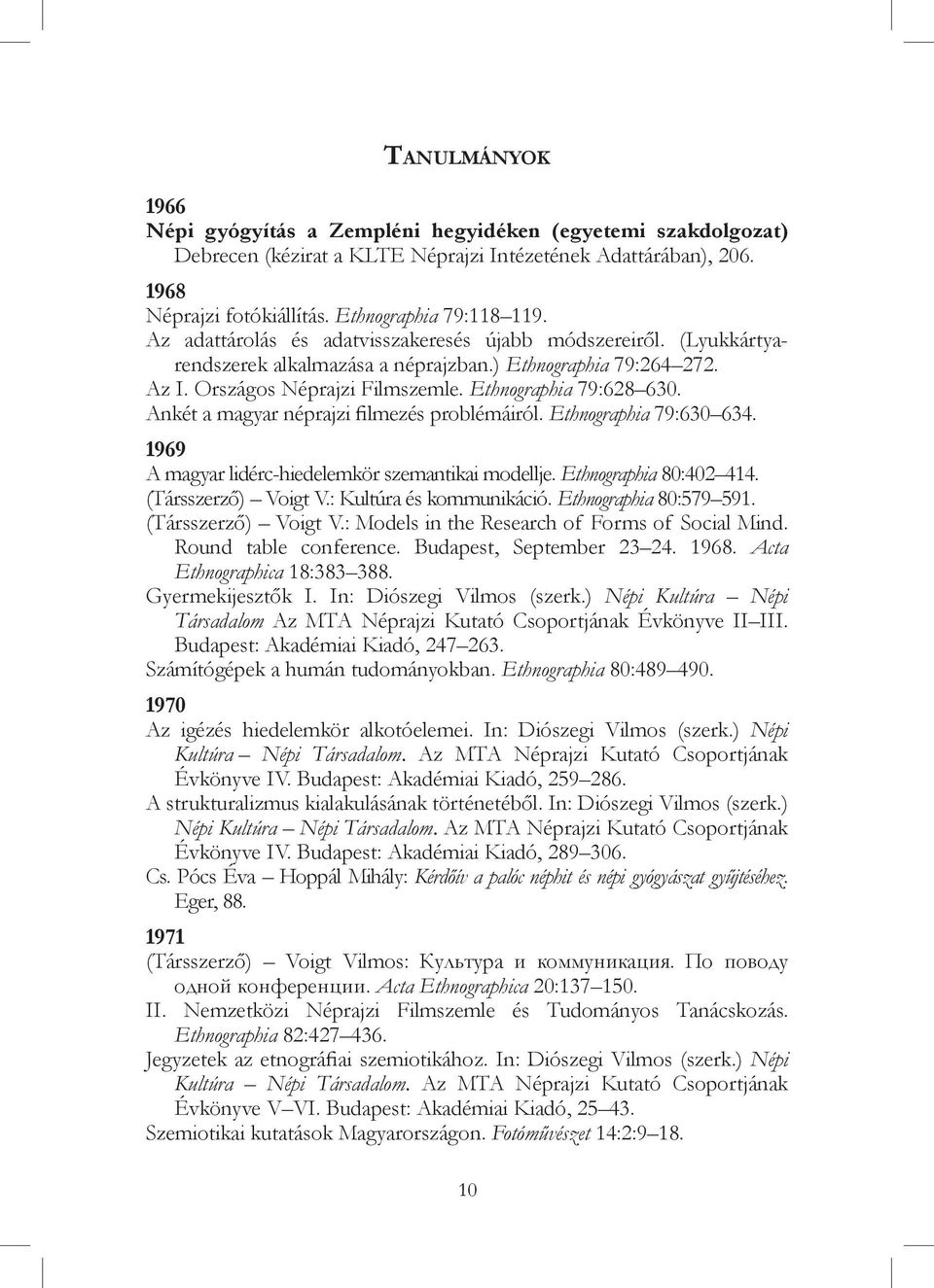 Ethnographia 79:628 630. Ankét a magyar néprajzi filmezés problémáiról. Ethnographia 79:630 634. 1969 A magyar lidérc-hiedelemkör szemantikai modellje. Ethnographia 80:402 414. (Társszerző) Voigt V.