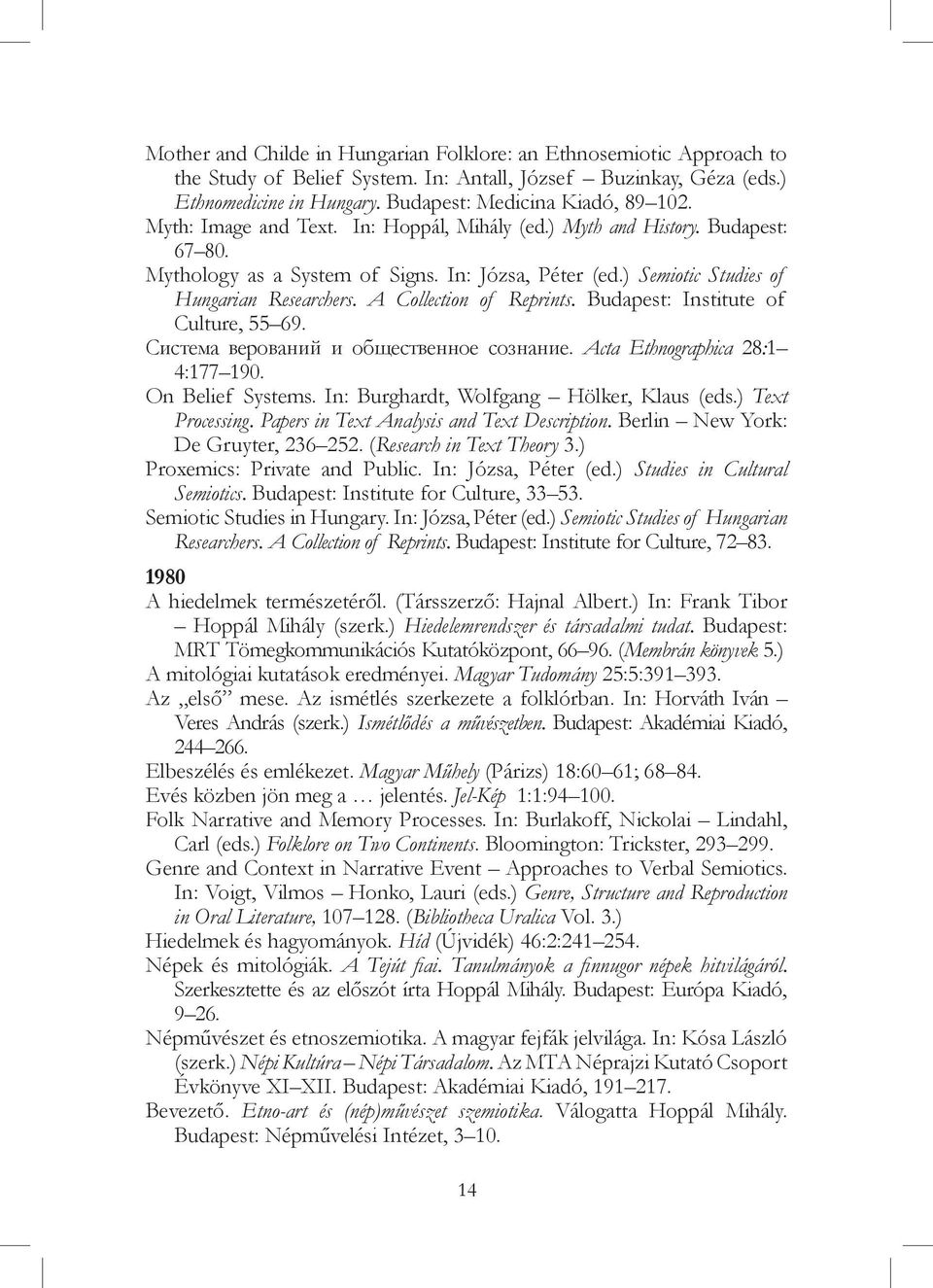 A Collection of Reprints. Budapest: Institute of Culture, 55 69. Система верований и общественное сознание. Acta Ethnographica 28:1 4:177 190. On Belief Systems.