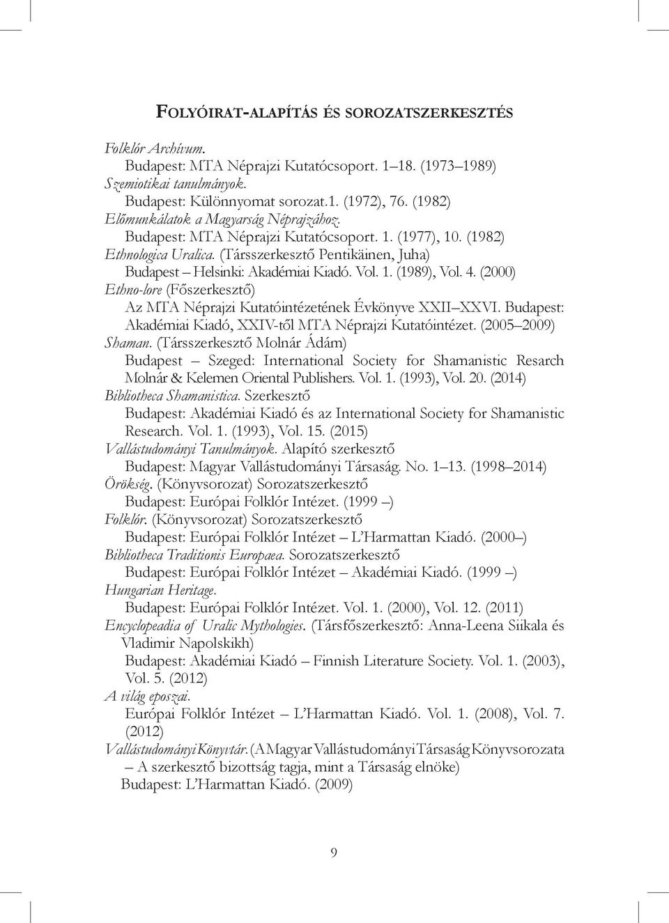 Vol. 1. (1989), Vol. 4. (2000) Ethno-lore (Főszerkesztő) Az MTA Néprajzi Kutatóintézetének Évkönyve XXII XXVI. Budapest: Akadémiai Kiadó, XXIV-től MTA Néprajzi Kutatóintézet. (2005 2009) Shaman.