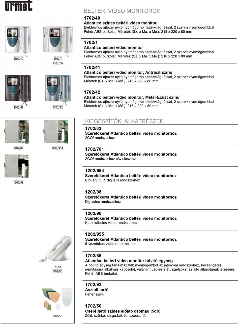 ): 218 x 220 x 80 mm 1702/41 Atlantico beltéri video monitor, Antracit színű Elektromos ajtózár nyitó nyomógomb háttérvilágítással, 2 szerviz nyomógombbal Méretek (Sz. x Ma. x Mé.