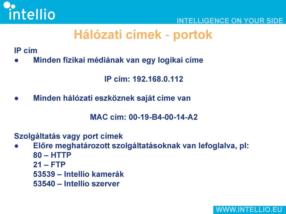 112 Minden hálózati eszköznek saját címe van MAC cím: 00-19-B4-00-14-A2