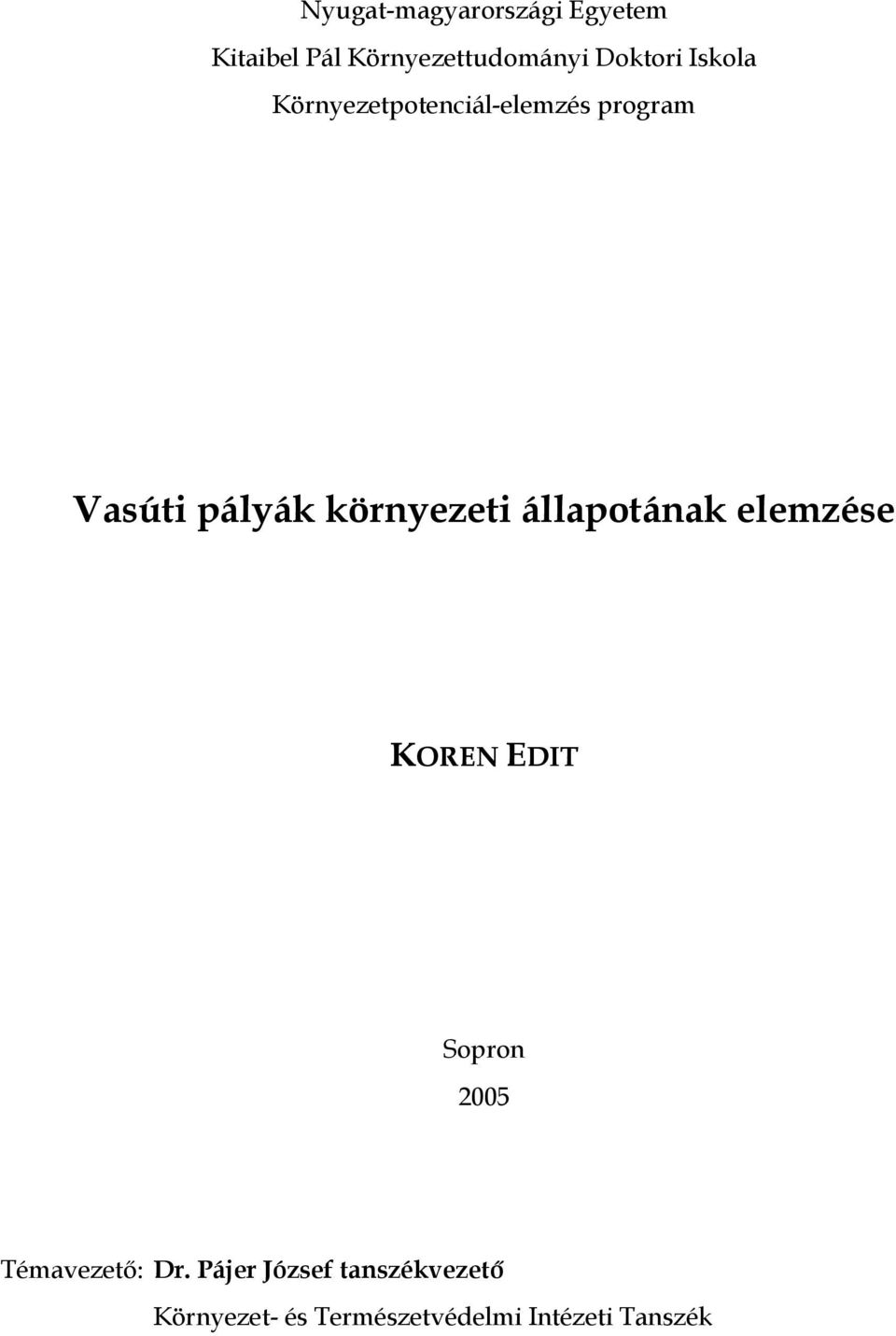 környezeti állapotának elemzése KOREN EDIT Sopron 2005 Témavezető:
