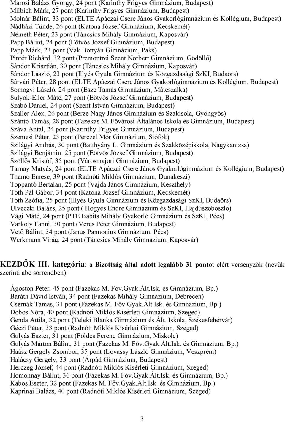 Budapest) Papp Márk, 23 pont (Vak Bottyán Gimnázium, Paks) Pintér Richárd, 32 pont (Premontrei Szent Norbert Gimnázium, Gödöllő) Sándor Krisztián, 30 pont (Táncsics Mihály Gimnázium, Kaposvár) Sándor